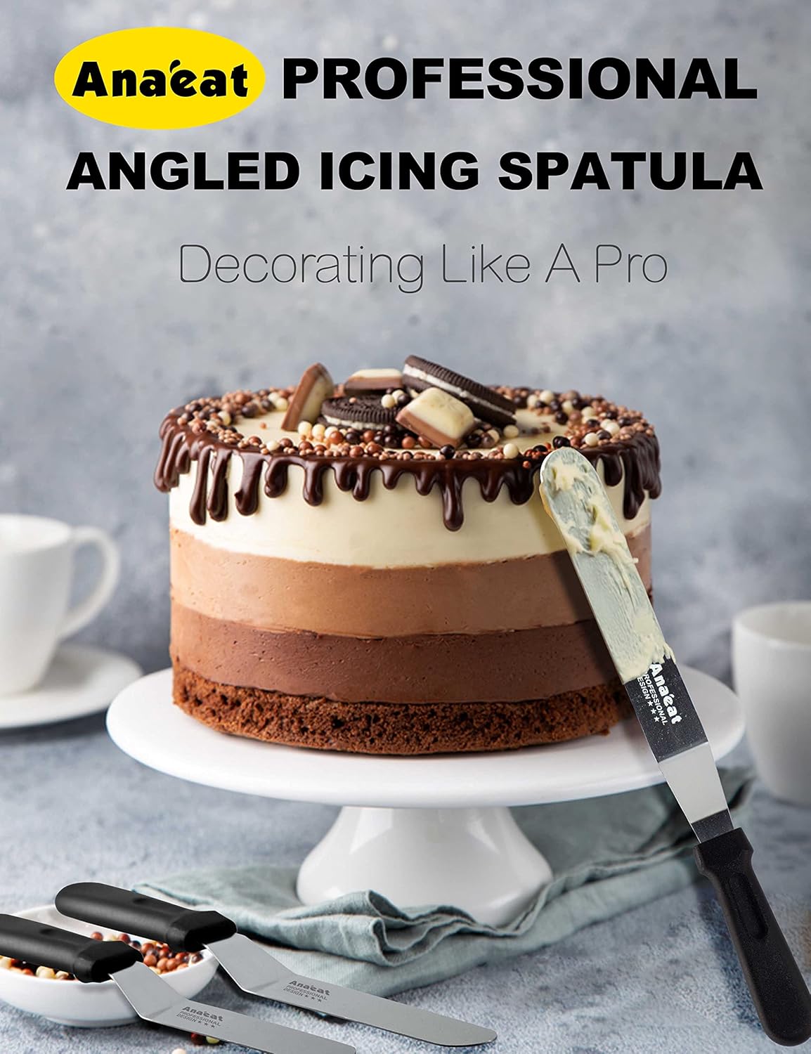 Anaeat Icing Spatulas, Set of 3 Professional Cake Angled Offset Spatula with 6", 8", 10" Stainless Steel Blades - Thickened Frosting Knife with Plastic Handle for Cake Decorating, Pastry & Baking