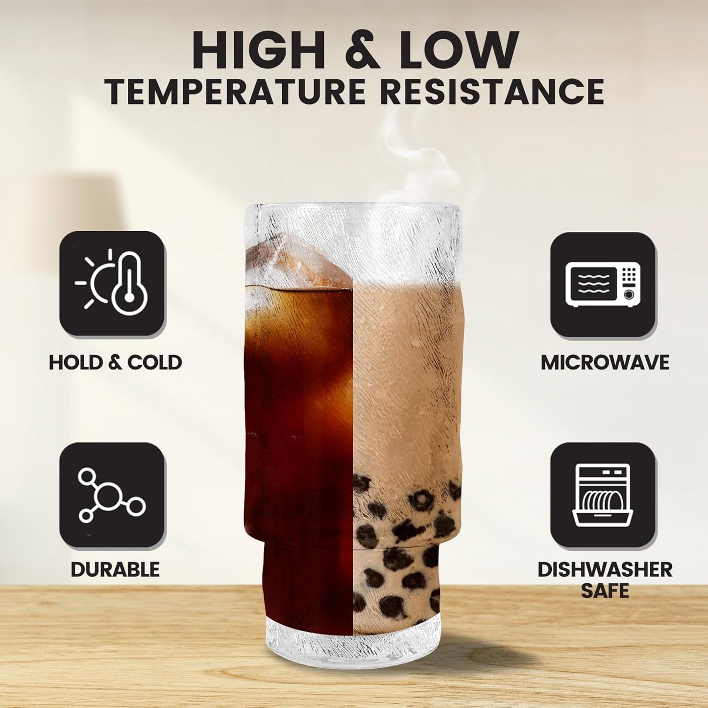 4 Pcs 11oz Drinking Glasses Cups Set with Bamboo Lids Straws Brush Small Embossed Glassware Set for Juice Iced Coffee Cocktail Whiskey(Begonia*4)