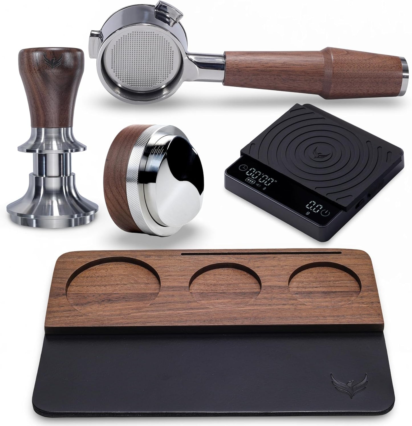 Espresso Tamper Kit 54mm for Breville Machines with Walnut Bottomless Portafilter, Distribution Tool, Leather Tamping Mat Organizer & Coffee Machine Scale