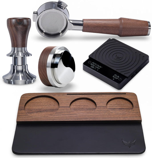 Espresso Tamper Kit 54mm for Breville Machines with Walnut Bottomless Portafilter, Distribution Tool, Leather Tamping Mat Organizer & Coffee Machine Scale