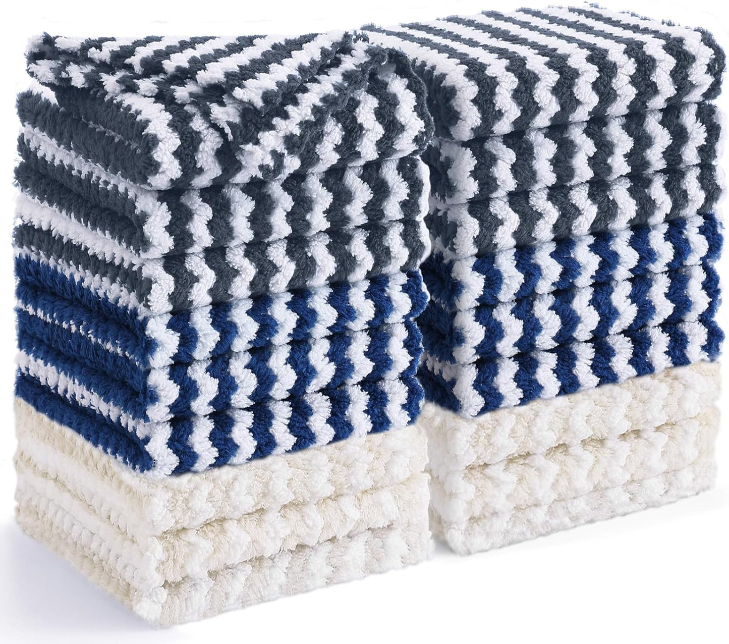 Homaxy 18 Pack Kitchen Dish Cloths, Ultra Soft and Absorbent Dish Towels, Reusable Fast Drying Microfiber Cleaning Cloth, Coral Velvet Wave Design No-lint, 10 x 10 inches, Dark Grey/Navy Blue/Beige