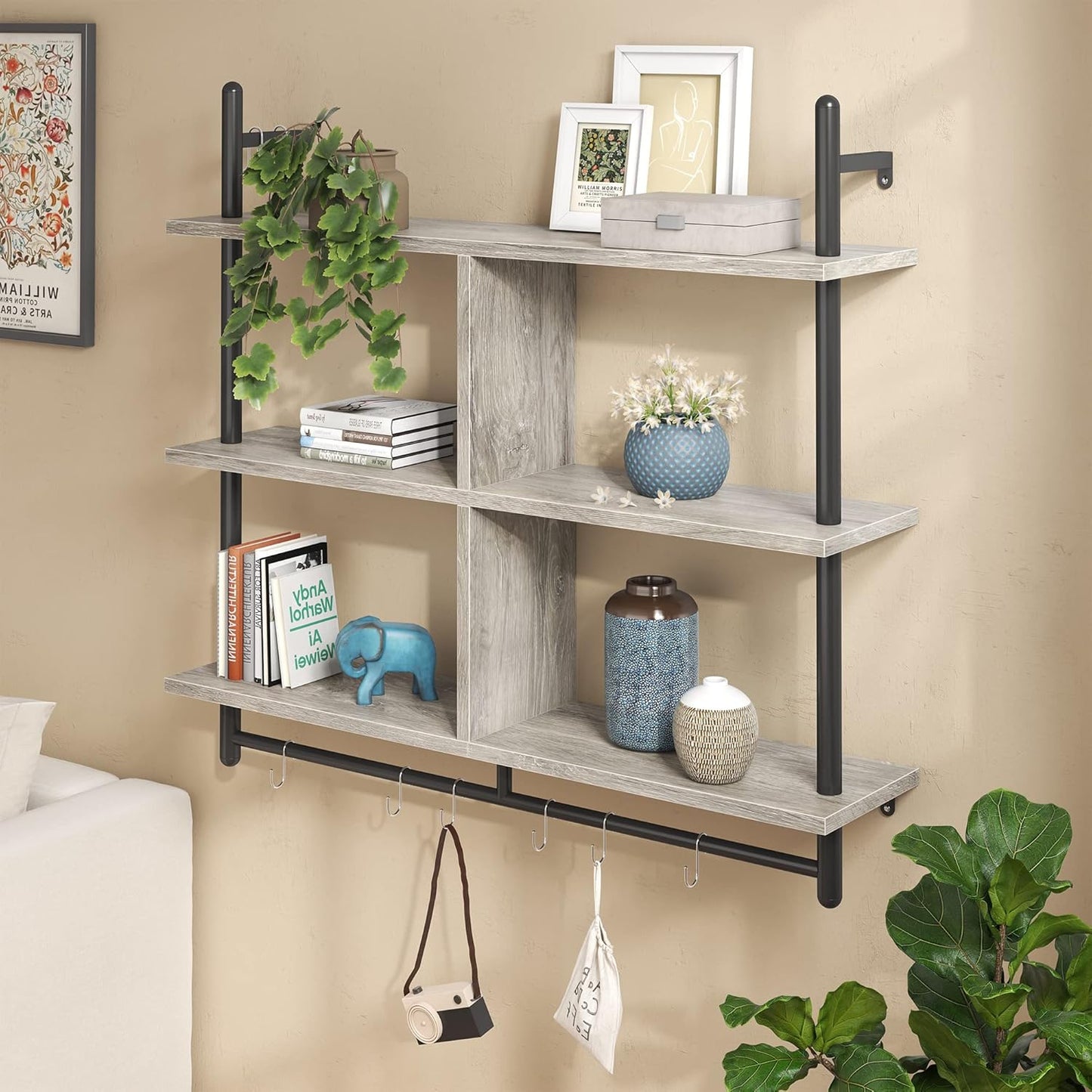 Bestier 41.5" Floating Pipe Shelving Kitchen Shelves Wall Mounted 3 Tier Ladder Shelf Hanging with Circular Tube Display Bookshelf Storage for Living Room Kitchen Balcony, Retro Grey
