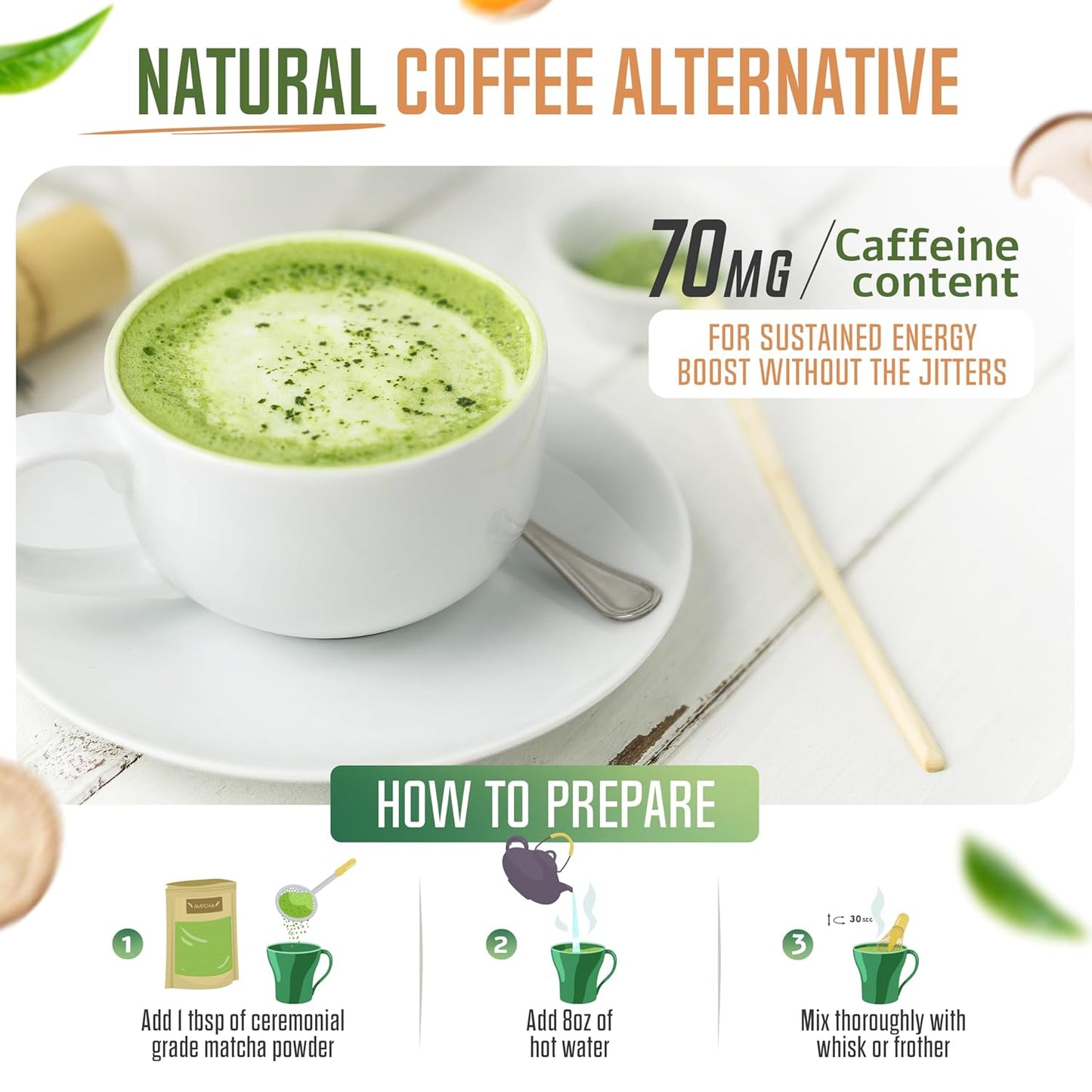 ReviTEAlize Organic Matcha Mushroom Powder - Organic Ceremonial Grade Blend - Coffee Alternative - Latte (30 Servings)