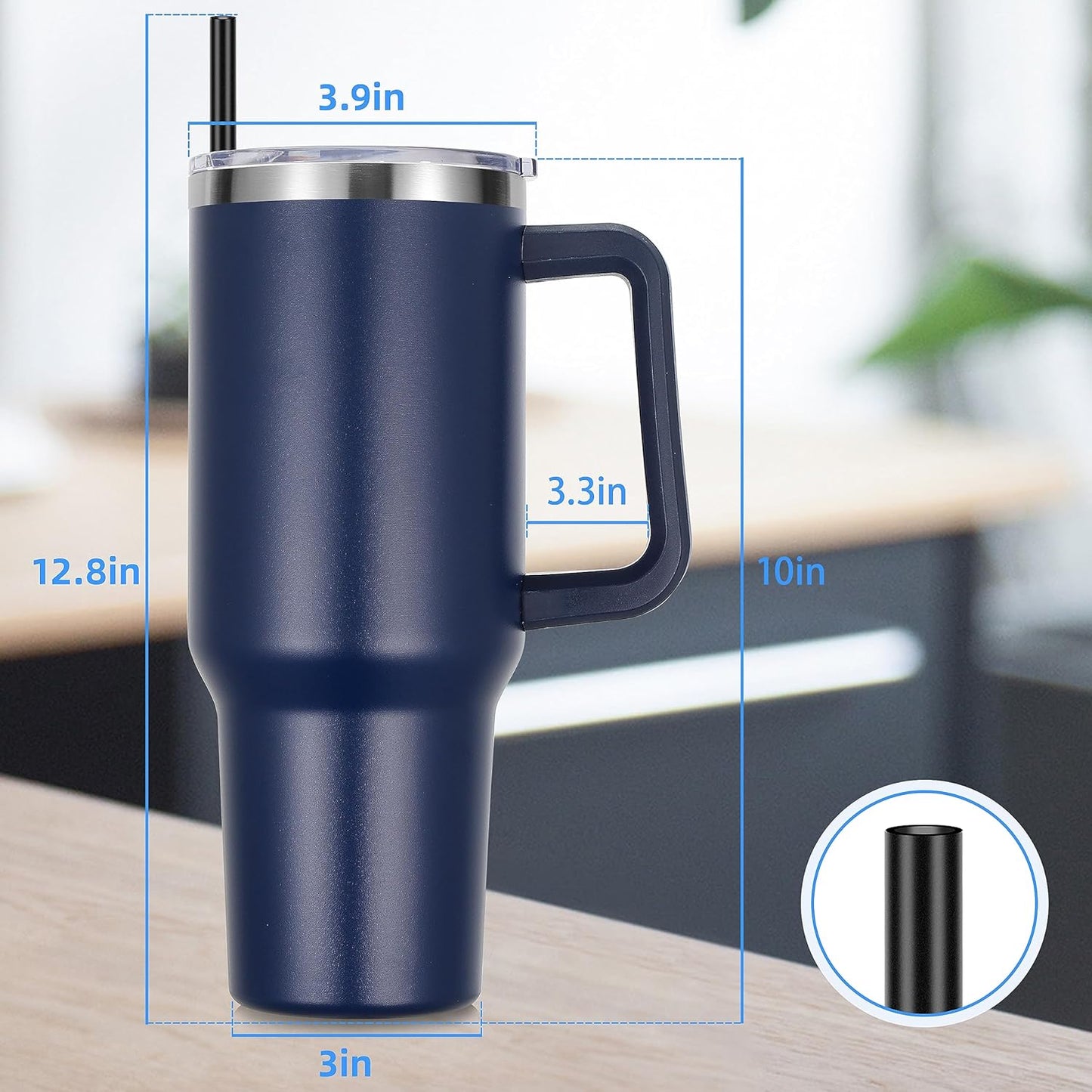 DOMICARE 40 oz Tumbler with Handle and Straw, Stainless Steel Tumbler with Lid and Straw, Reusable Vacuum Insulated Cup, Travel Coffee Mug, Navy Blue, 1Pack