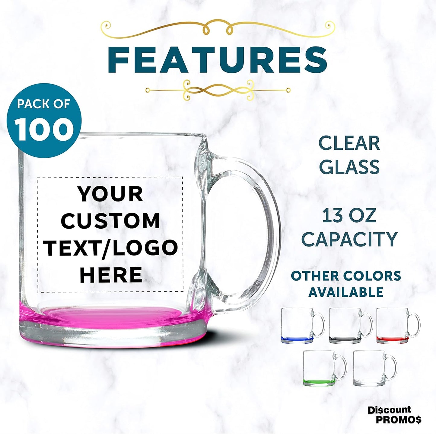 Custom Libbey Clear Glass Coffee Mugs 13 oz. Set of 100, Personalized Bulk Pack - Perfect for Coffee, Tea, Espresso, Hot Cocoa, Other Beverages - Pink Bottom