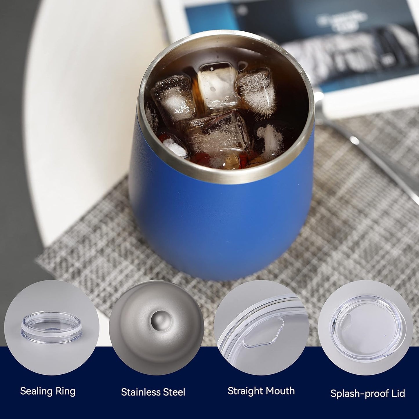 DOMICARE Stainless Steel Wine Tumbler Bulk with Lid, Personalized Insulated Tumblers Set, 12oz Travel Coffee Cups Pack of 8, Dark Blue