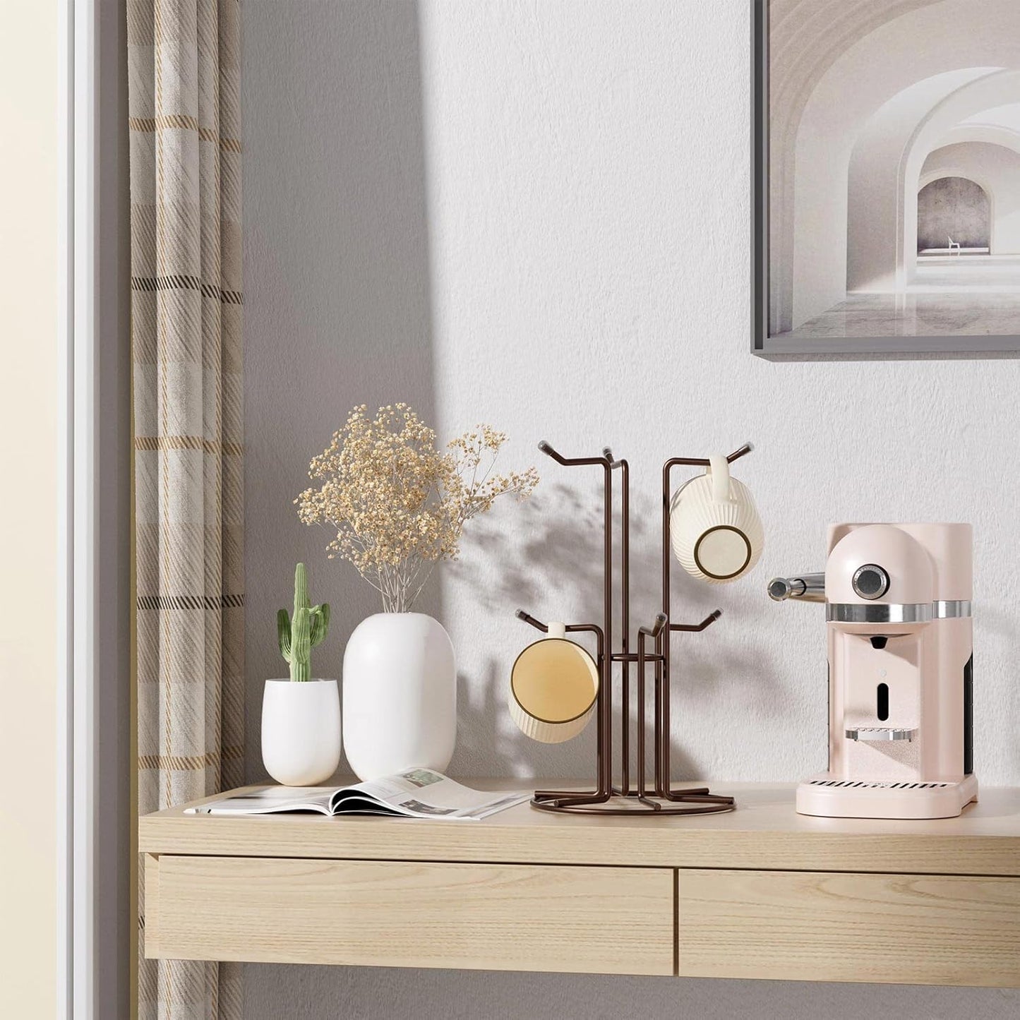 HULISEN Mug Holder for Large Cups, Mug Tree for Counter with 6 Hooks, Metal Coffee Mug Stand for Easy Pick, Place and Display, Coffee Bar Accessories and Decor, Free Standing Mug Rack, Brown