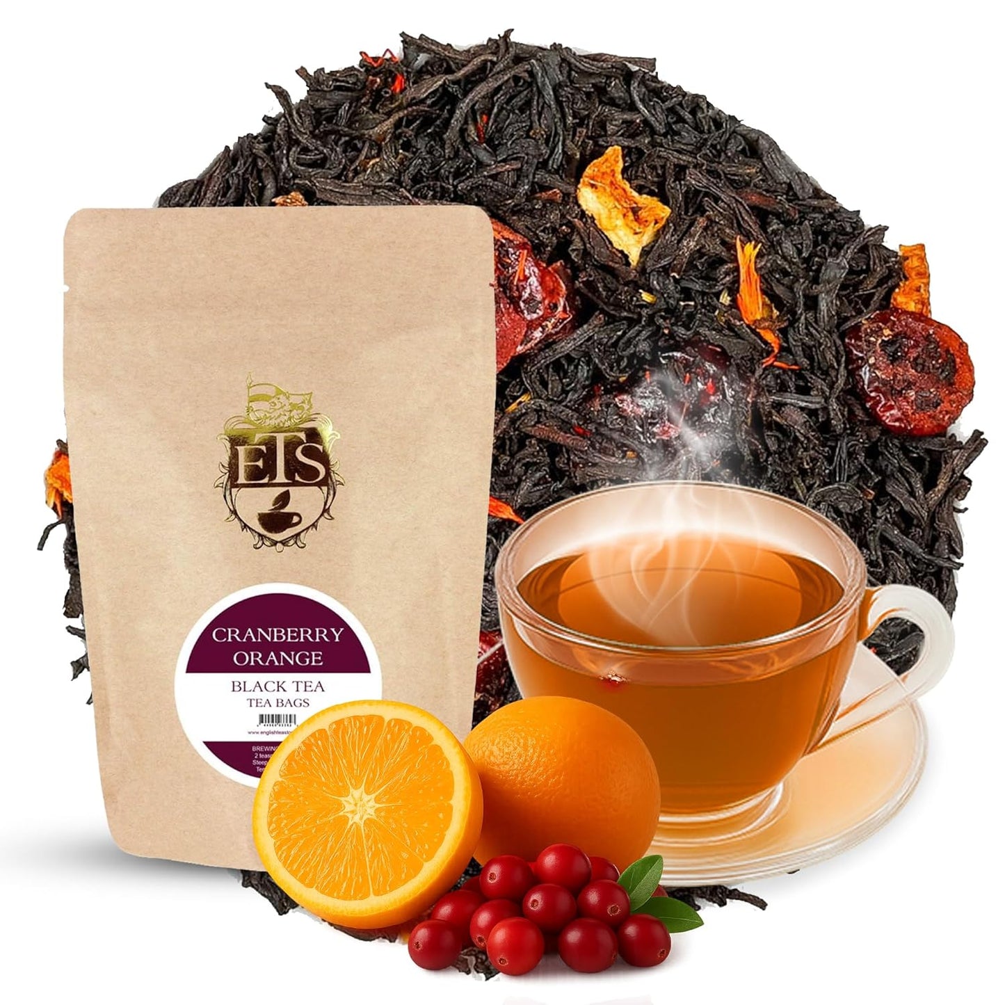 English Tea Store - Cranberry Orange Flavored Black Tea | Tart Cranberry & Sweet Citrus Blend | Natural Fruit Infused | Small Batch Crafted | 25 Teabags Pouch | No Strings or Tags
