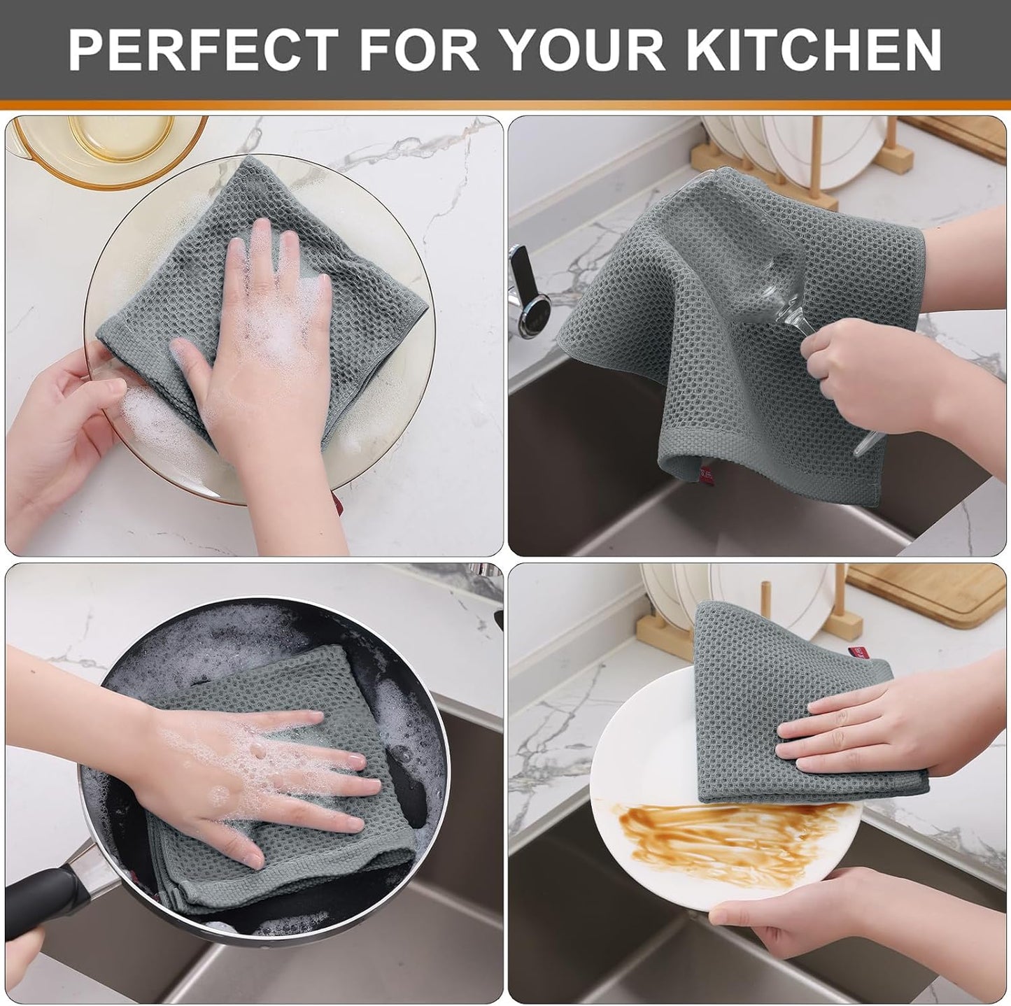 Kitinjoy 100% Cotton Kitchen Dish Cloths (12 X 12 Inches, Grey),6 Pack Waffle Weave Ultra Soft Absorbent Dish Towels for Drying Dishes Quick Drying Kitchen Towels Dish Rags