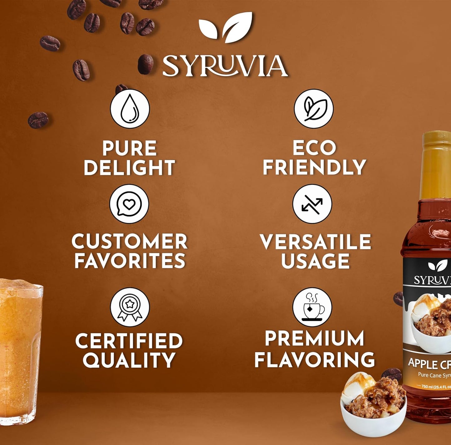 Syruvia Apple Crisp Coffee Syrup - 25.4 fl oz - Kosher Coffee Syrups, Gluten Free, No Coloring, Perfect for Drinks, Soda, Shakes, Desserts, and More.