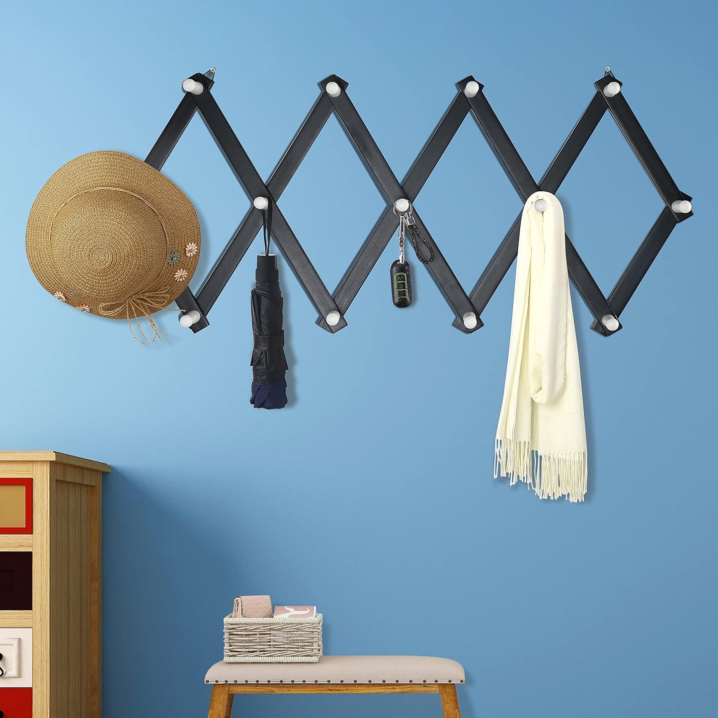 Dseap Accordian Wall Hanger: 16” High Wooden Wall Expandable Coat Rack, Hat Rack Holder, Accordion Hook for Baseball Caps, Coats, Mugs, 13 Peg Hooks, Black & White