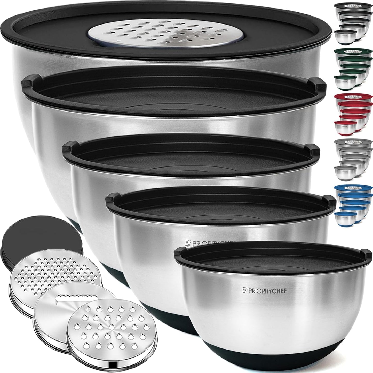 Priority Chef Stainless Steel Mixing Bowls with Lids Set, 3 Grater Attachments, Airtight Lids, Non-Slip Silicone Base Mixing Bowl Set, Large Prep Metal Mixing Bowls for Kitchen, Black