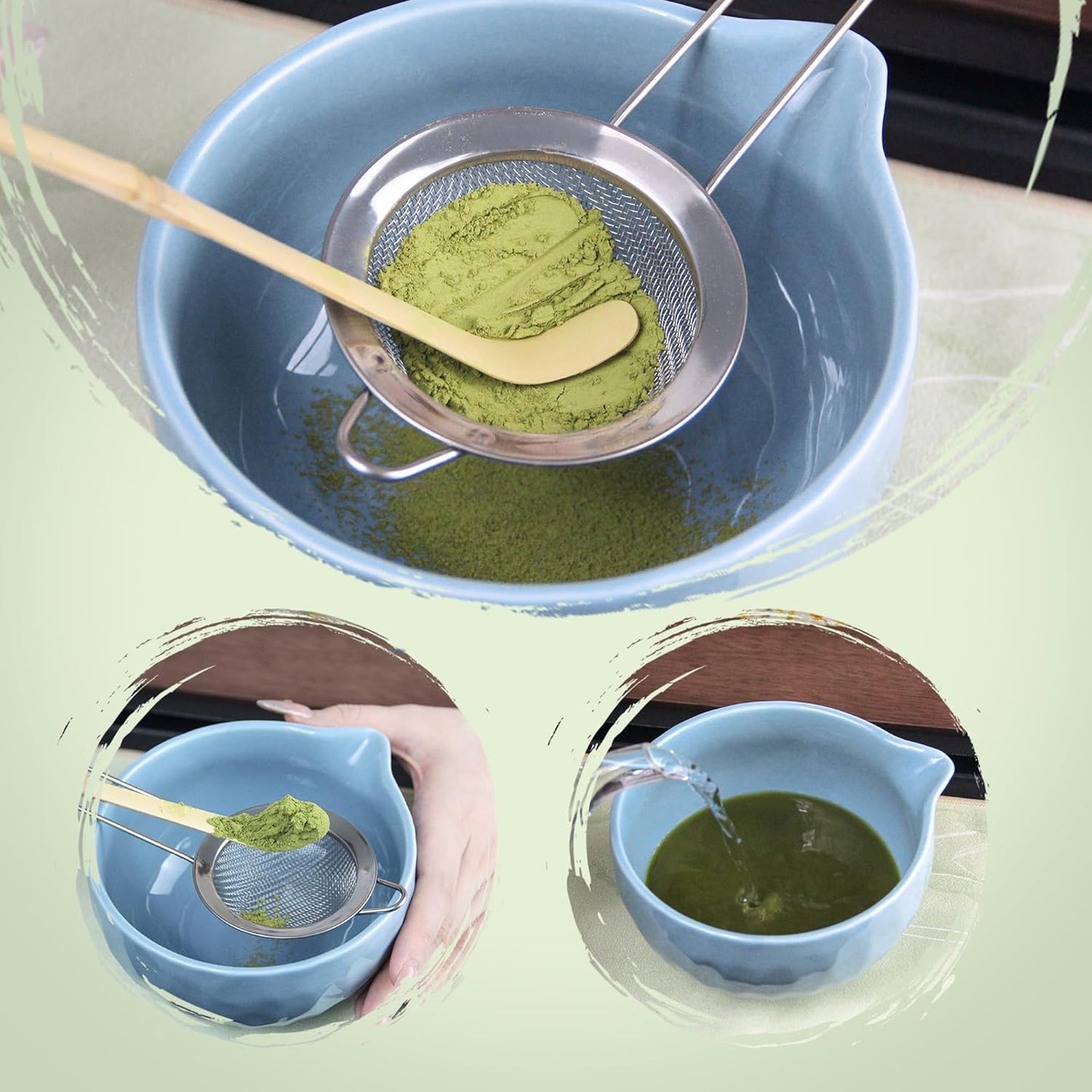 7-Pcs Matcha Whisk Set - Ceramic Matcha Set Includes Bowl,Whisk,Holder,Bamboo Scoop,Scoop Rest,Sifter & Tea Towel – Japanese Traditional Tea Kit for Beginners & Tea Lovers (Blue)