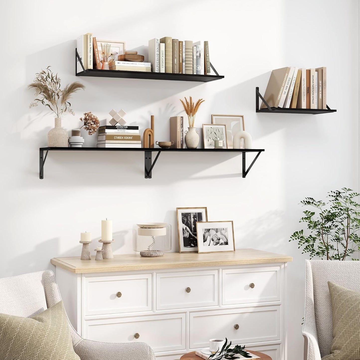 Heimlove Black Deep Floating Shelves for Wall, 36W x 8D Wood Wall Shelves Set of 2, Wide Floating Bookshelf for Living Room, Kitchen, Office, Bedroom and Decor Storage, with Metal Bracket - Black