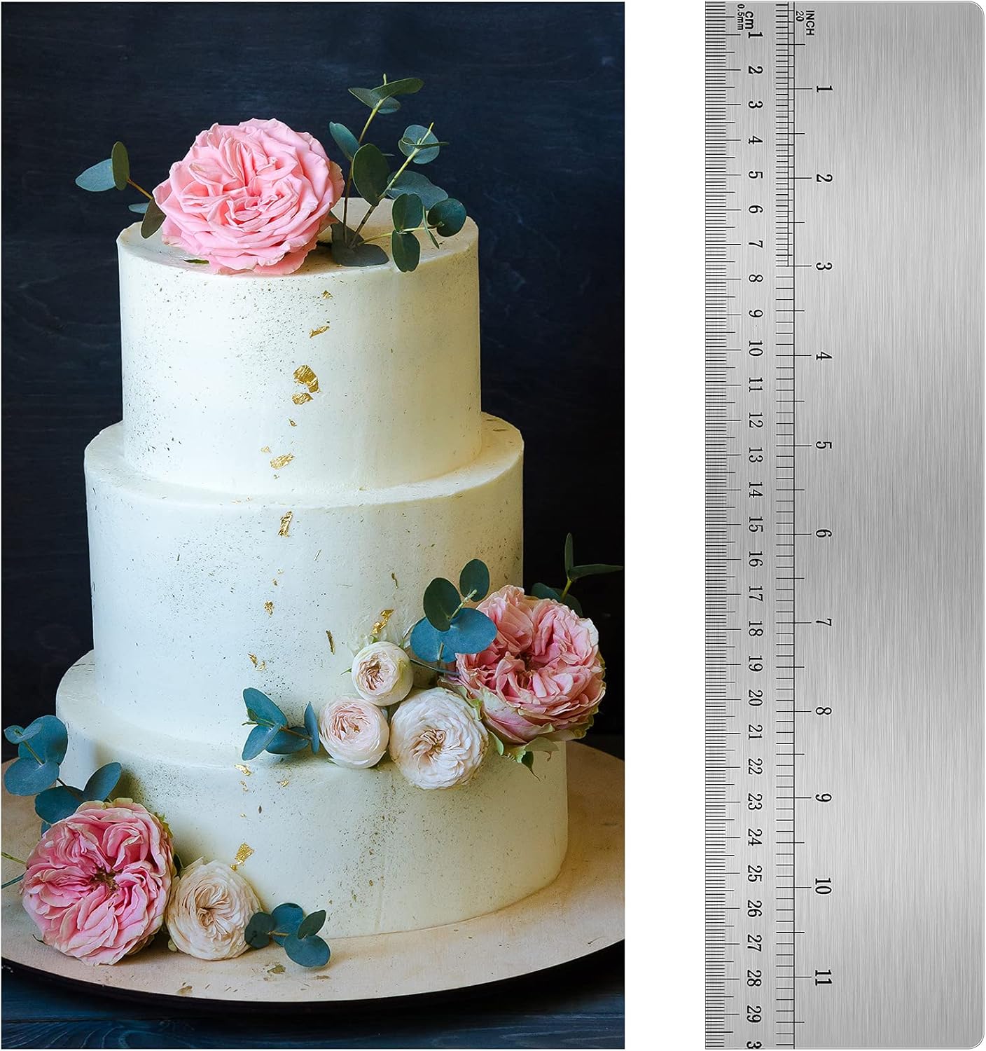 Nuenen 12 Inches Stainless Steel Cake Scraper with Scale Cake Edge Smoother Decorating Comb Baking Scraper Tool for Baking Measuring Buttercream Home Kitchen Accessory