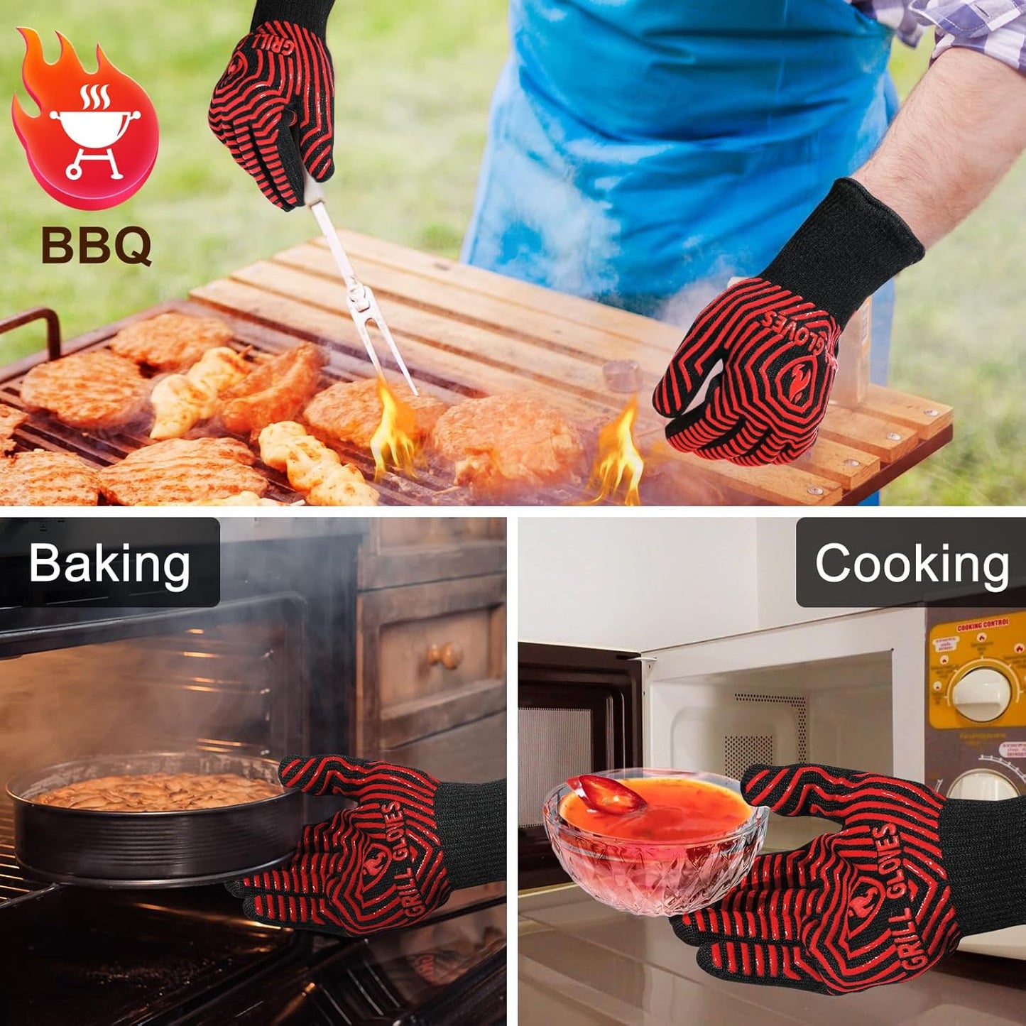 BBQ Gloves, BBQ Accessories 1472℉ Extreme Heat Resistant, Grilling Gloves Silicone Non-Slip Oven Mitts, Kitchen Gloves for BBQ, Grilling, Cooking, Baking-1 Pair 14inch