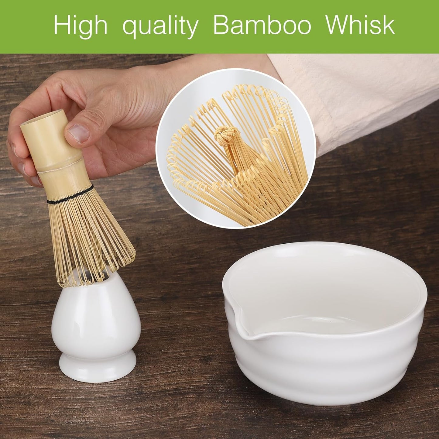 Matcha Whisk Set, 6 Pcs Matcha Set with Bamboo Matcha Scoop and Stainless Steel Sifter/Pouring Spout Ceramic Bowl/Matcha spoon/Matcha Whisk Holder, -19 oz Japanese Tea Ceremony Kit for Gifts (White)