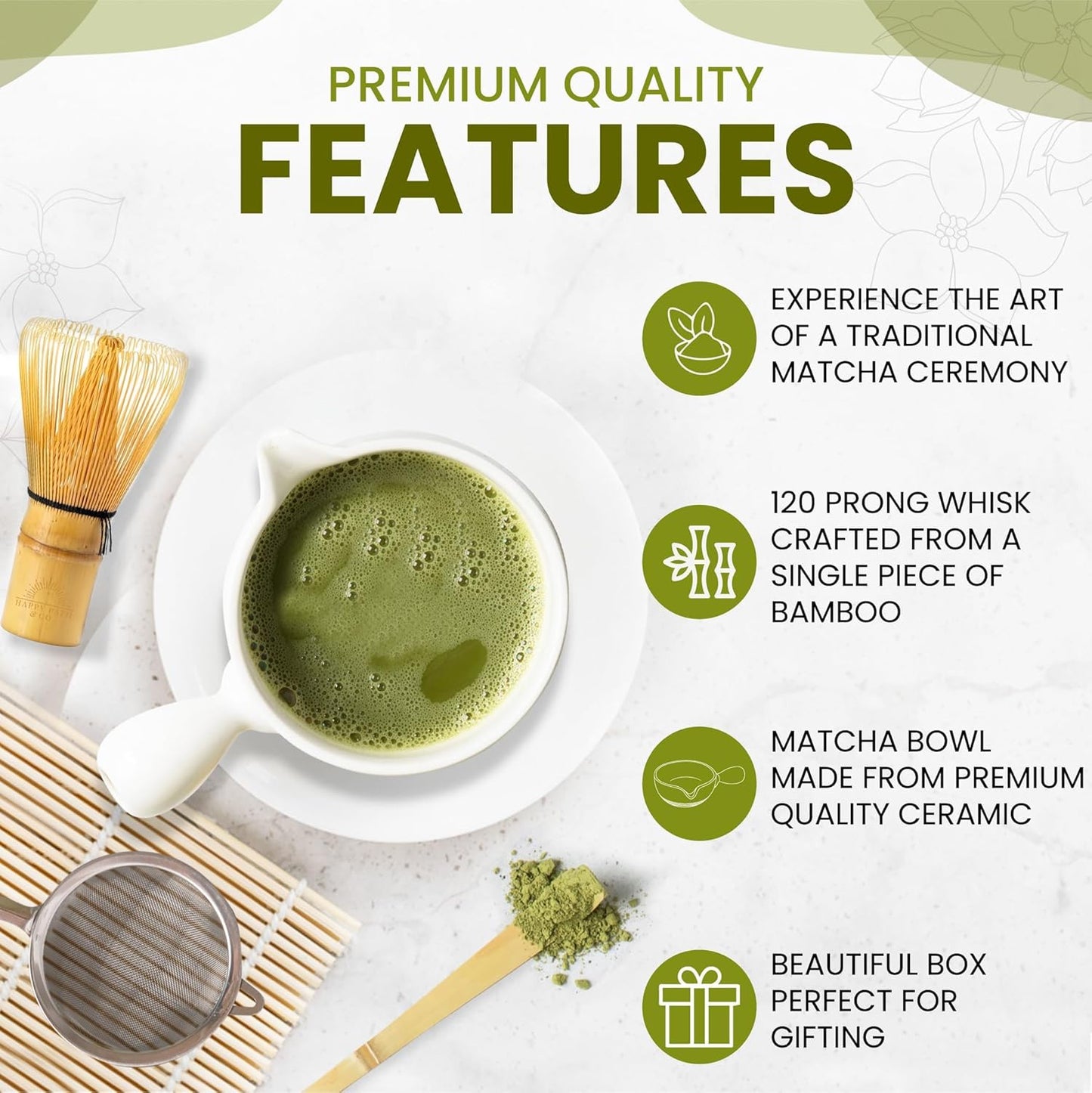HAPPY PATH & CO Matcha Tea Set – 6 Pcs Matcha Kit Set Includes Bamboo Whisk(Chasen) & Bowl with Spout, Sifter, Scoop & Holder | White Matcha Whisk Set - Perfect Matcha Tool Set for Matcha Lovers