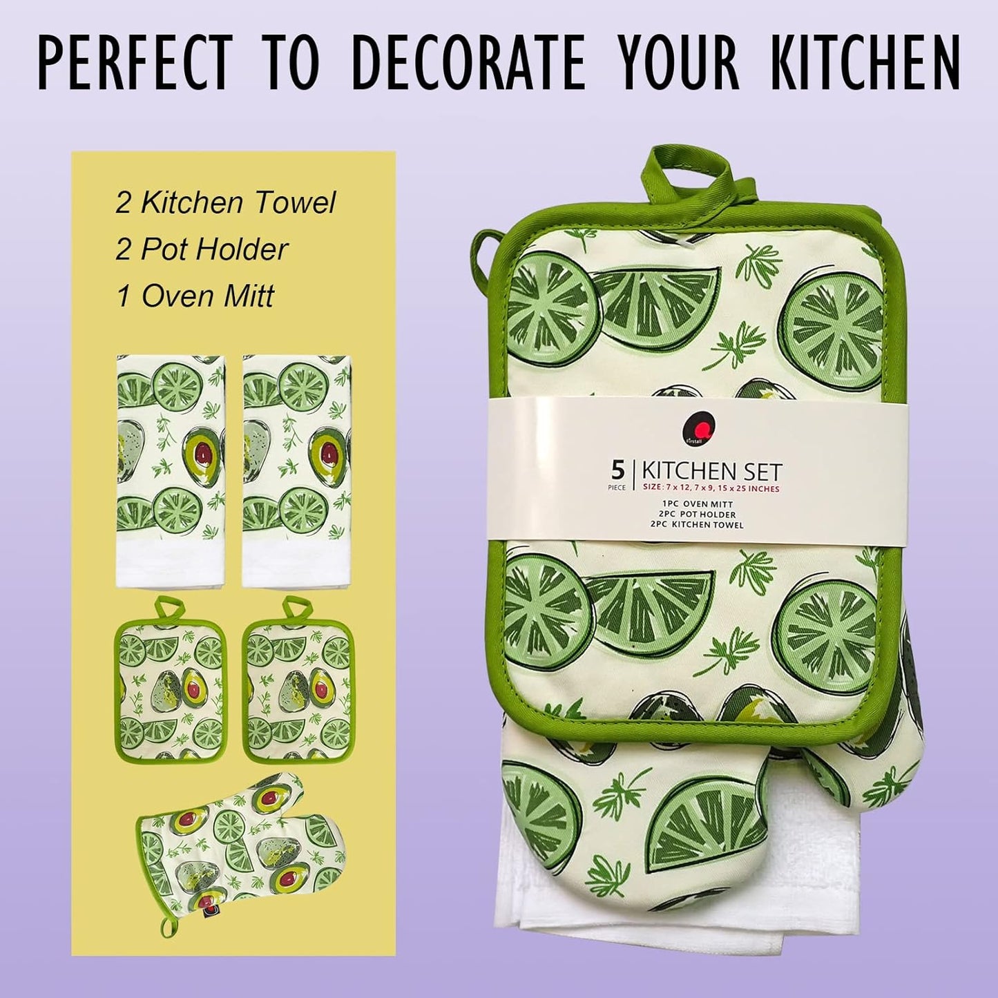 Oven Mitts and Potholders Dish Towles Set 100% Cotton for Perfect for Gifting, Baking and Everyday Cooking Durable Heat Resistant for Kitchen (5-Piece Lemon Avocado)