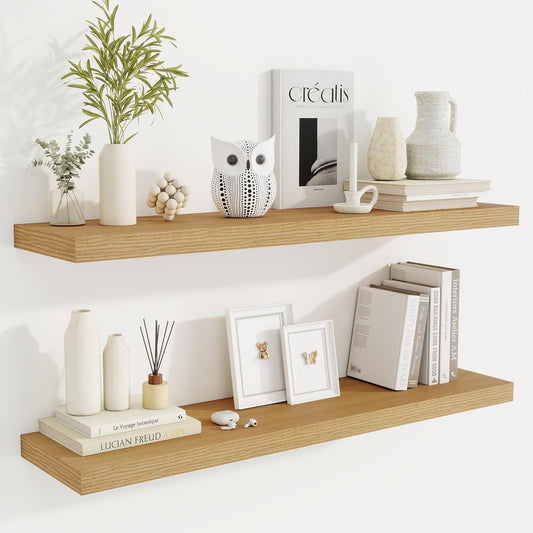 Fun Memories 40 Inch Deep Floating Shelves for Wall, 2 Pack of Wall Mounted Wood Shelves with Invisible Brackets for Bathroom, Bedroom, Kitchen Decor and Storage, Oak