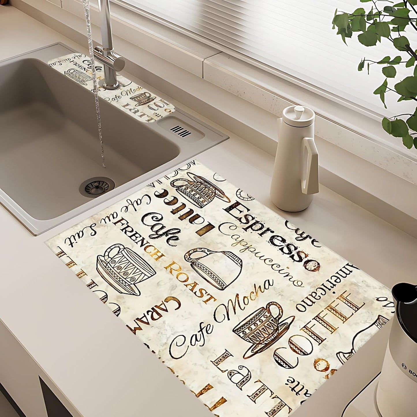 2Pcs Dish Drying Mats Faucet Mats Sets Large Size Coffee Mats Sink Faucet Mat Splash Guard for Kitchen Counter Bathroom Sink Coffee Bar Kitchen Decor (Retro Coffee, 18"x24" 15" x 5.5"Set)