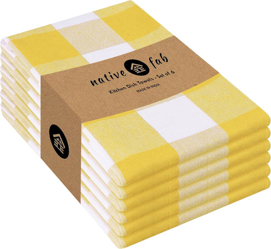 Native Fab Yellow Buffalo Dish Towel 16"x26", Set of 6 - Cotton Plaid Towels, Soft Absorbent Dishcloths with Hanging Loop, Kitchen Towels for Quick Drying - Yellow White