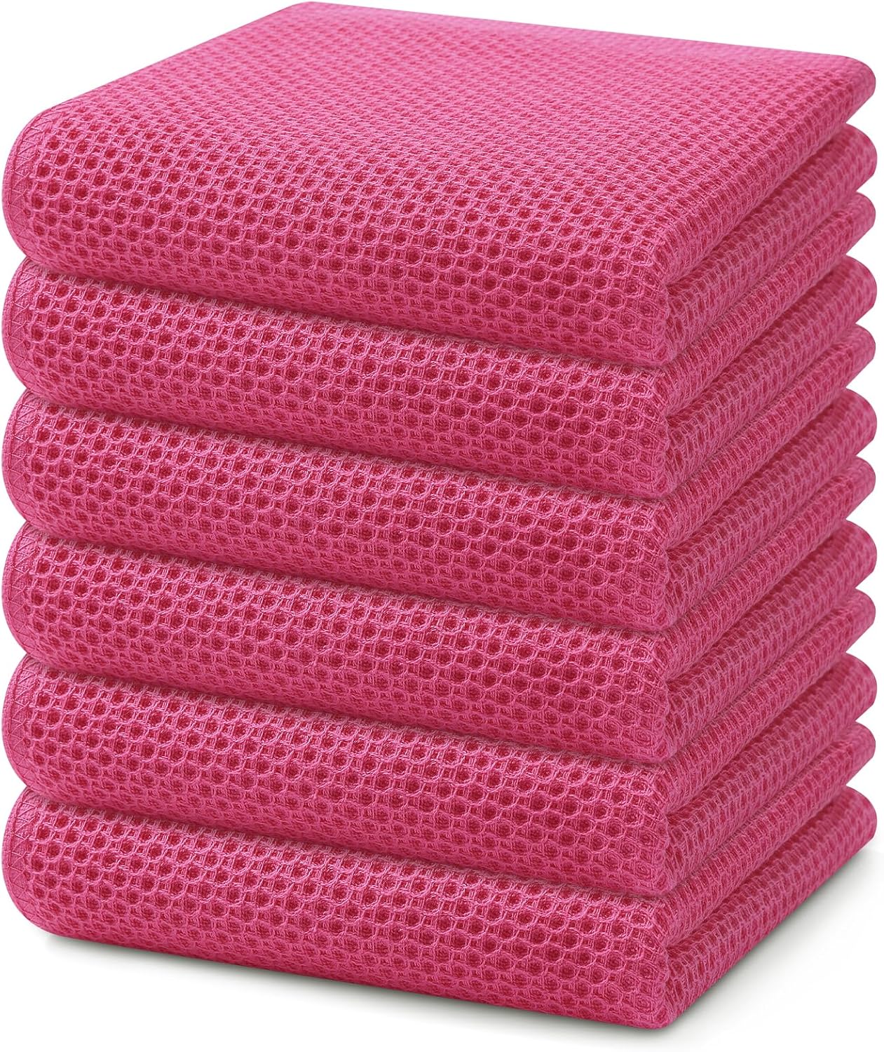Homaxy 100% Cotton Waffle Weave Kitchen Dish Towels, Ultra Soft Absorbent Quick Drying Cleaning Towel, 13 x 28 Inches, 6-Pack, Hot Pink