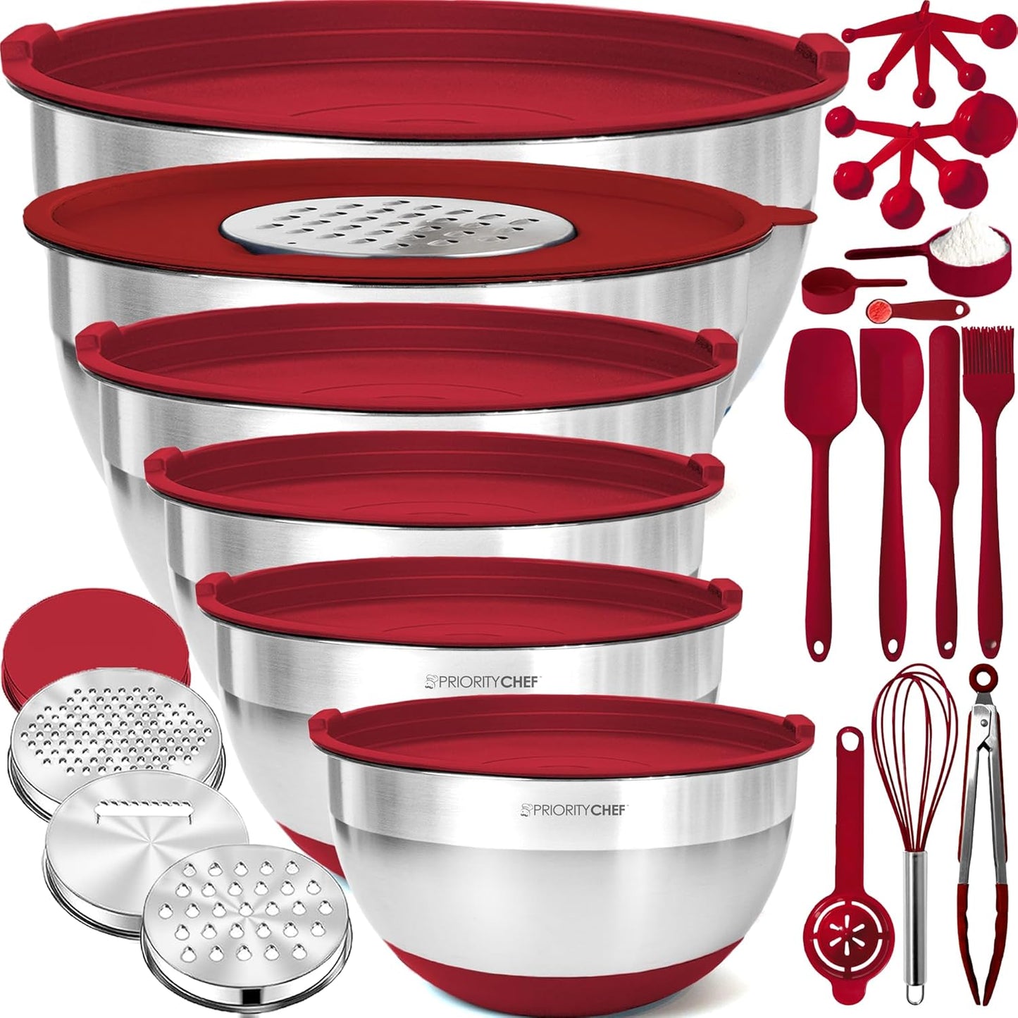 Priority Chef Stainless Steel Mixing Bowls with Lids Set - Premium 30Pcs with 6pc Metal Bowl Set for Kitchen, 3 Graters, Airtight Lids, Non-Slip Bases & Silicone Utensils, Red