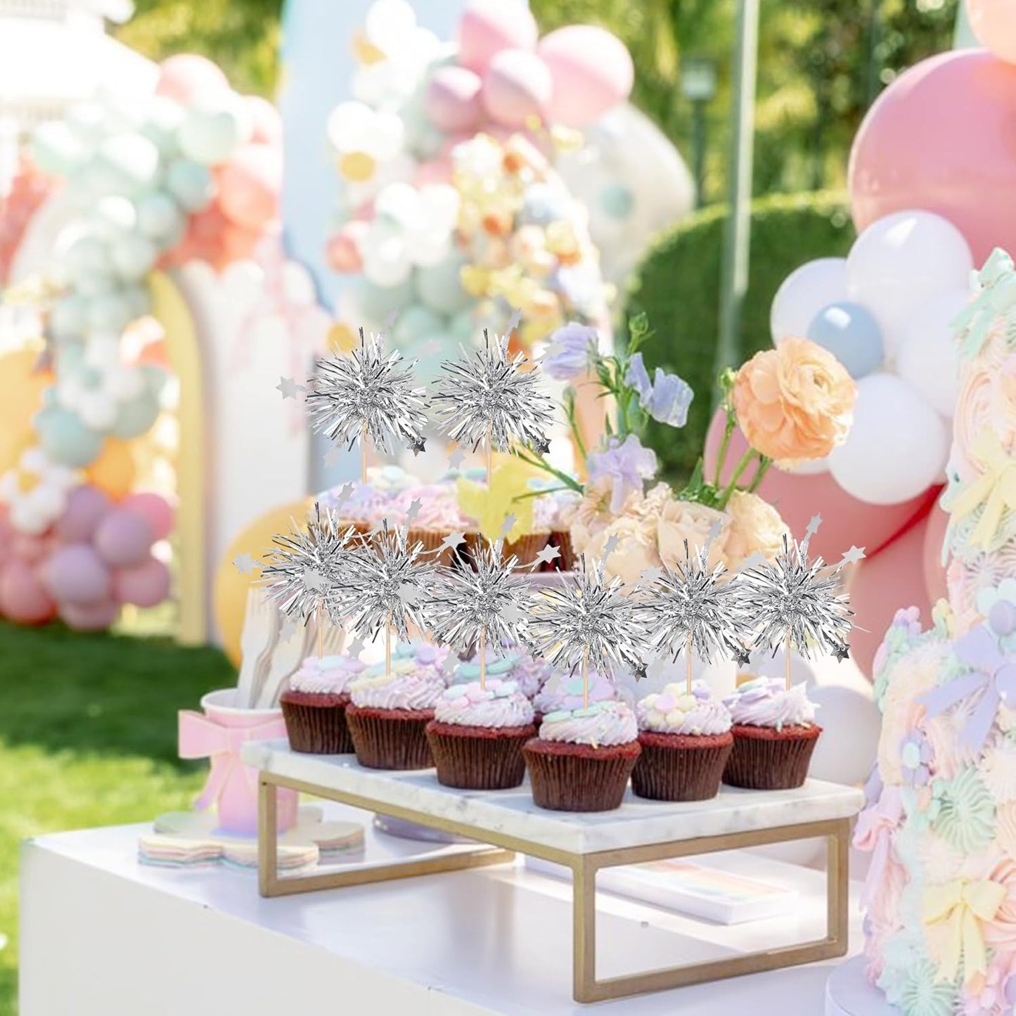 30 PCS Foil Firework Cupcake Toppers Star Cupcake Picks Sparkle Tinsel Flower Drink Stirrers Cocktail Food Fruit Toothpicks for Valentine's Day Birthday Party Cake Decorations Supplies Silver