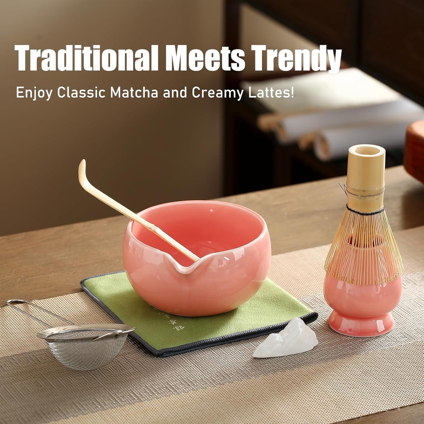 Matcha Whisk Set, Ceramic Matcha Set with Spout, Matcha Bowl Kit with Sifter, Whisk and Holder, Bamboo Scoop, Scoop Rest, Tea Towel, 7 Pcs Matcha Kit Set for Making Breakfast/Latte for Matcha Lovers