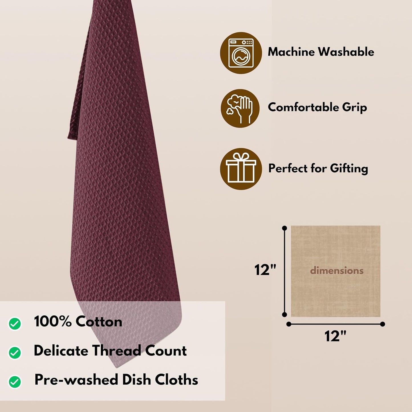 Native Fab 6 Pack Cotton Waffle Dish Cloths - 12x12 inch, Soft, Absorbent & Quick Drying Towels for Cleaning, Cooking & Baking - Great for Home, Restaurants, Cafes & Bars - Burgundy Wine