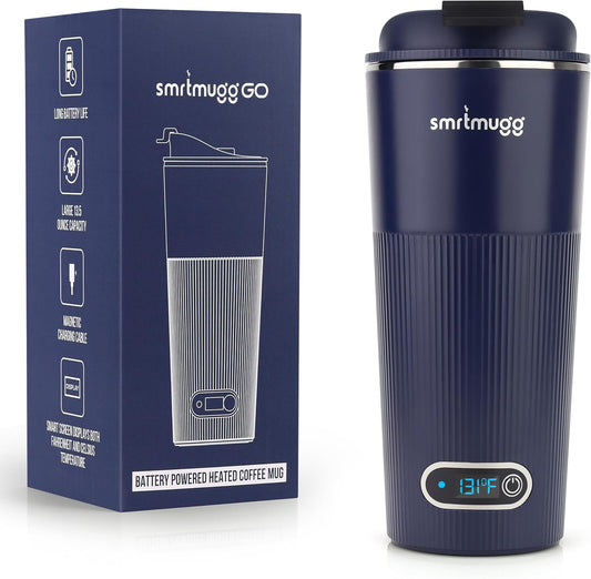 GO Heated Coffee Mug, Travel Mug, 13.5 OZ. Smart Mug, Battery Powered Heated Coffee Mug, Great for Coffee and Tea, Snap on Magnetic Charging Cord, New and Improved (Navy Blue)