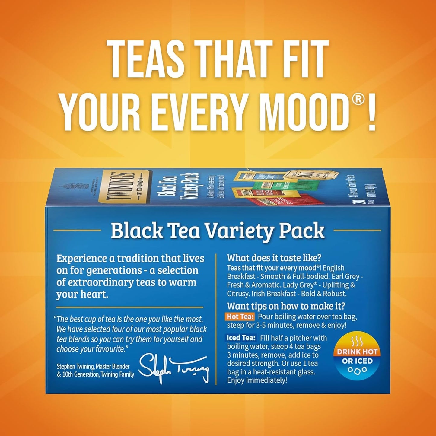 Twinings Variety Pack Black Tea Bags, 20 Count (Pack of 1), Includes English Breakfast, Earl Grey, Irish Breakfast, and Lady Grey, Caffeinated, Enjoy Hot or Iced, 20 Teabags
