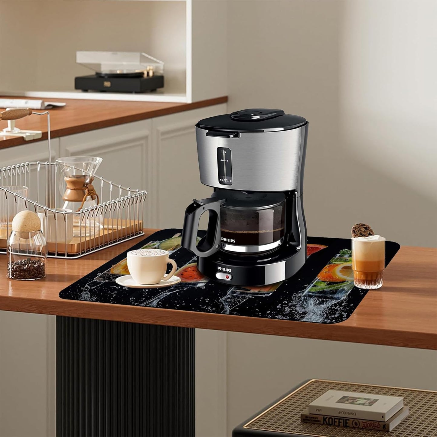 Dish Drying Mat Glasses Filled with Various Fruits Kitchen Mat 16"x24" Bsorbent Coffee Maker Mat for Dishes,Utensils Coffee Maker Pots and Pans Easy Clean Dish Slip Resistant Pad