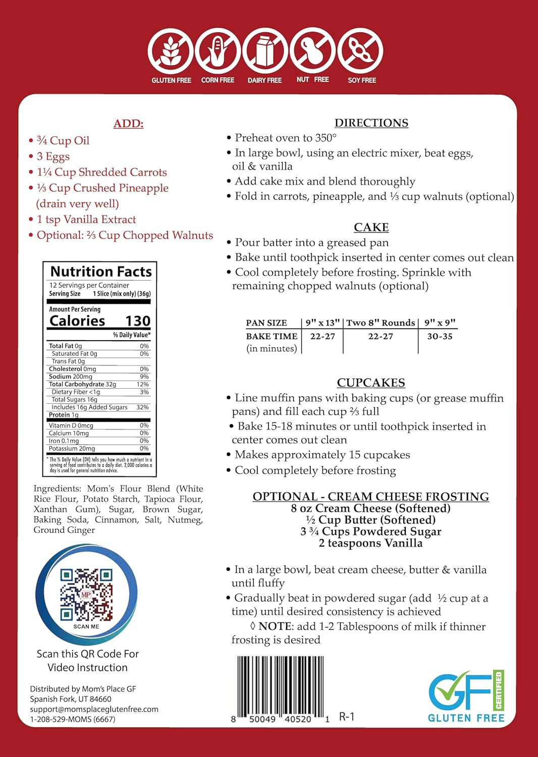 Mom's Place Gluten-Free Carrot Cake Mix – Moist, Spiced, and Dairy-Free – Allergen-Friendly, Non-GMO, Easy to Prepare 15.3 Oz