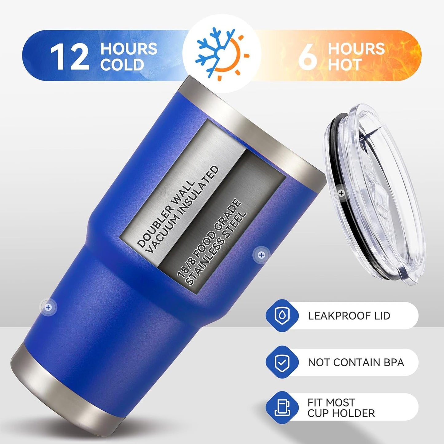 30 oz Tumbler with Lid Stainless Steel Tumblers Vacuum Insulated Cup Reusable Powder Coated Travel Mug Double Wall Leak Proof Portable Cups Keep Cold Drinks for 12 Hours, Blue, 1 Pack