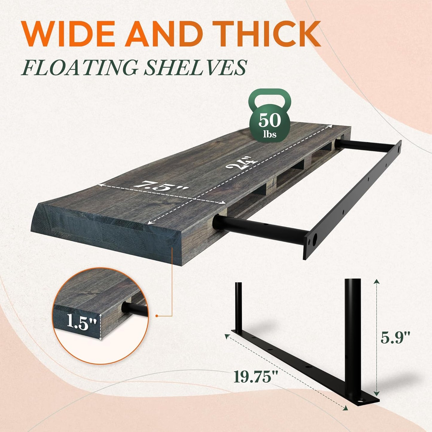 24" Acacia Live Edge Floating Shelves Set of 2 - Wall Mounted Wooden Shelf for Stylish Home Décor - Mocha Color 24x7.5x1.5 Inches