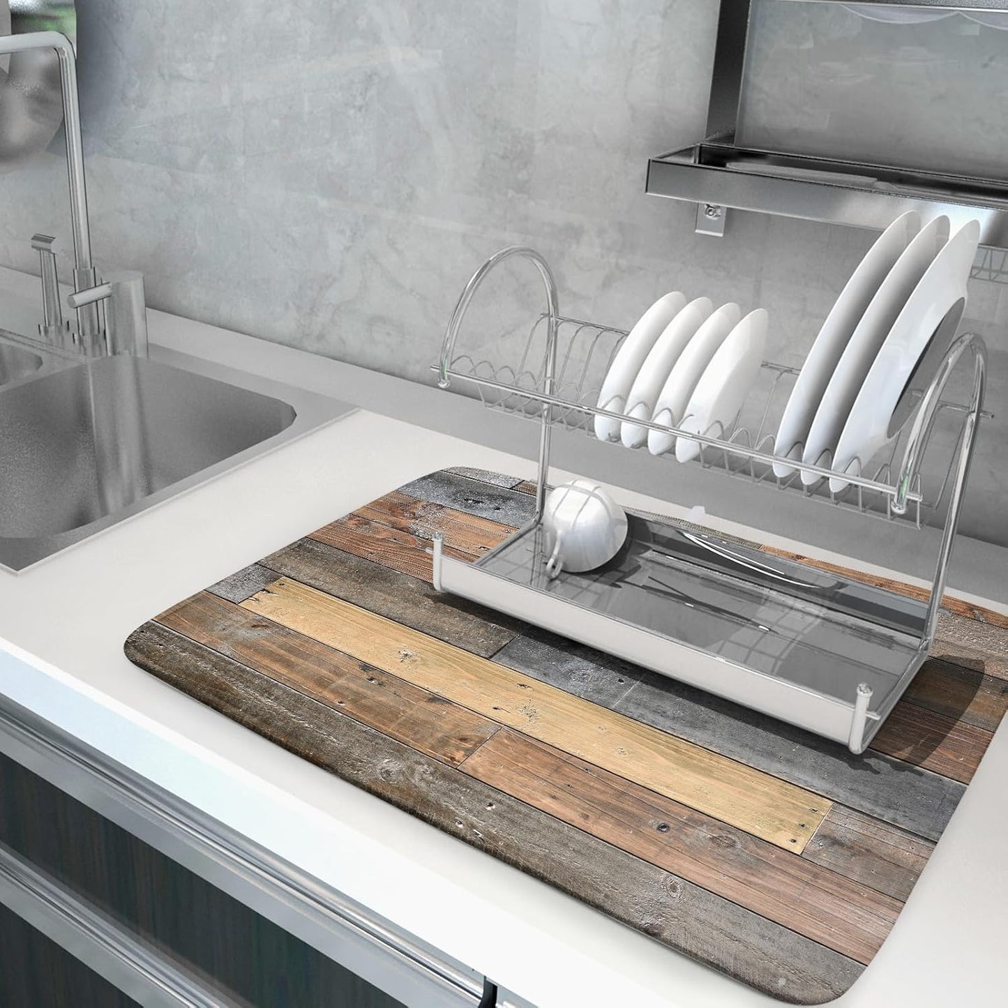 Giwawa Wood Grain Dish Drying Mat for Kitchen Countertop, Rustic Wooden Board Dish Drainer Mats, Vintage Country Style Barnwood Absorbent Reversible Microfiber Dish Drying Pad, 18x24 inch Large