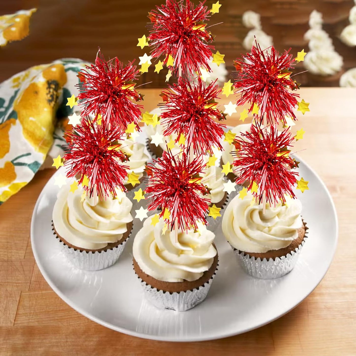 30 PCS Foil Firework Cupcake Toppers Happy Birthday Star Cupcake Picks Sparkle Tinsel Drink Stirrers Cocktail Fruit Toothpicks for Valentine's Day Wedding Birthday Party Decorations Supplies Red
