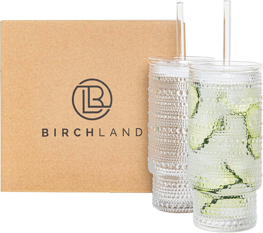 All Glass Hobnail Tumbler with Glass Lid and Straw, Beaded Style Set of 2 (16 oz Hobnail)