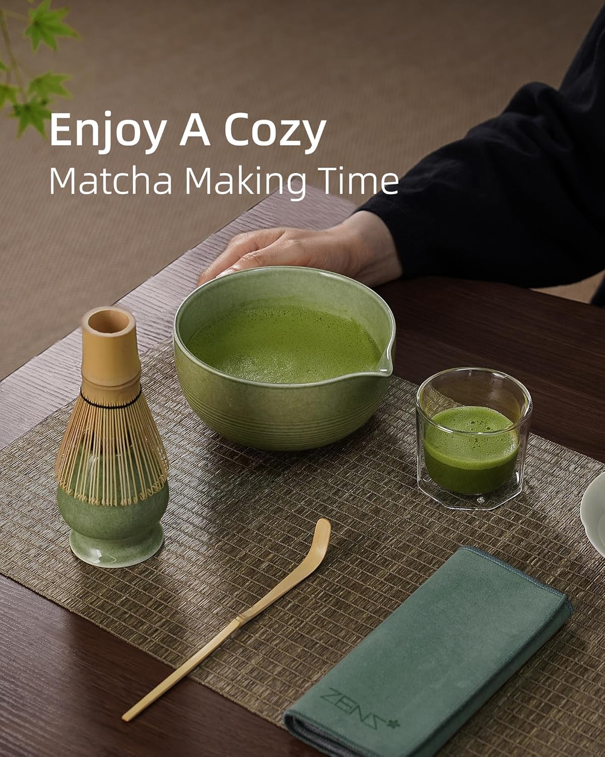 ZENS Matcha Whisk Set, 15oz Ceramic Matcha Bowl with Spout and Bamboo Whisk, (Chasen Holder) Scoop & Tea Towel, 5pcs Matcha Kit for Matcha Lovers, Emerald Green