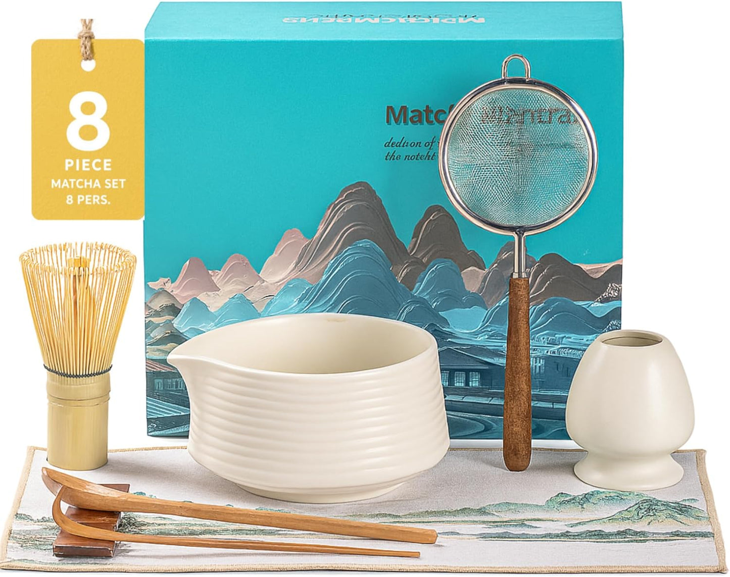 Artisan Matcha Whisk Set - 8 Pcs Premium Matcha Set with Bowl (Chawan), Bamboo Whisk & Tools | Matcha Kit for Making Breakfast/Latte | Gift for Matcha Lovers (White)
