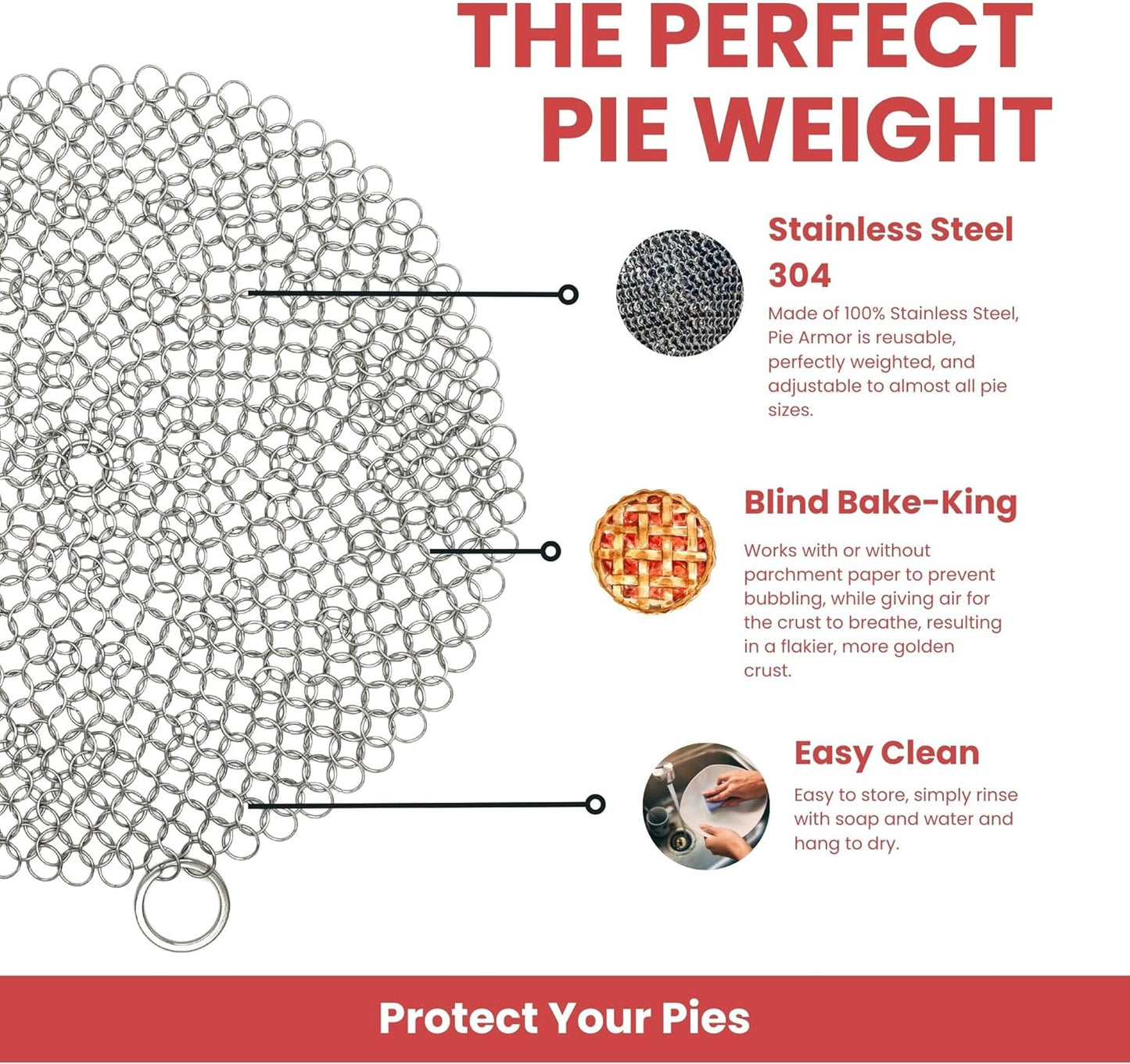 Pie Armor, Universal Fit Pie Weight for 7-10 inch Pies, Durable Alternative to Traditional Ceramic Pie Weights, 100% Stainless Steel 304