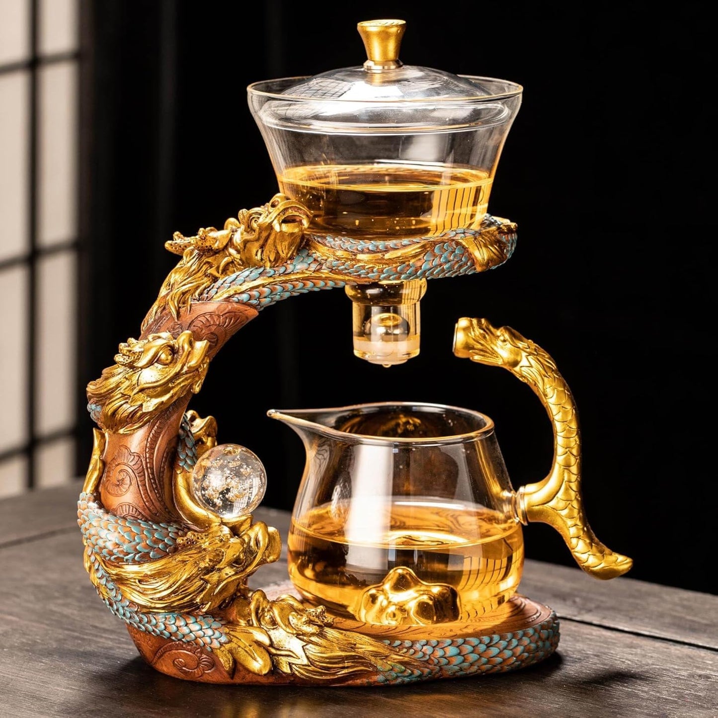 Glass Teapot Set with Infuser Semi Automatic Dragon Tea Set (Blue golden teapot)
