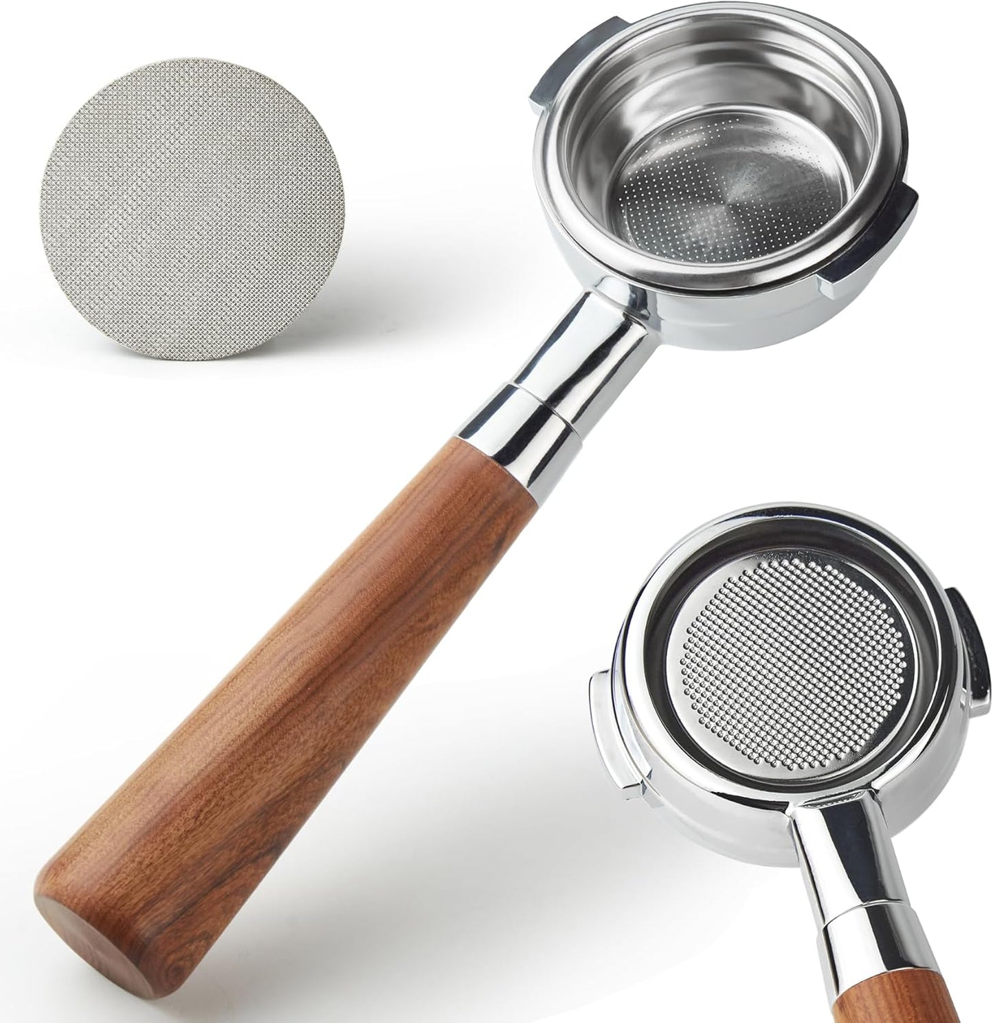 58 mm Bottomless Portafilter with Puck Screen 2 Ears Espresso Portafilter Compatible with E61 Group Head Espresso Machines,Flair 58,ECM,Rocket,Sanremo,Stainless Steel and Rosewood Handle