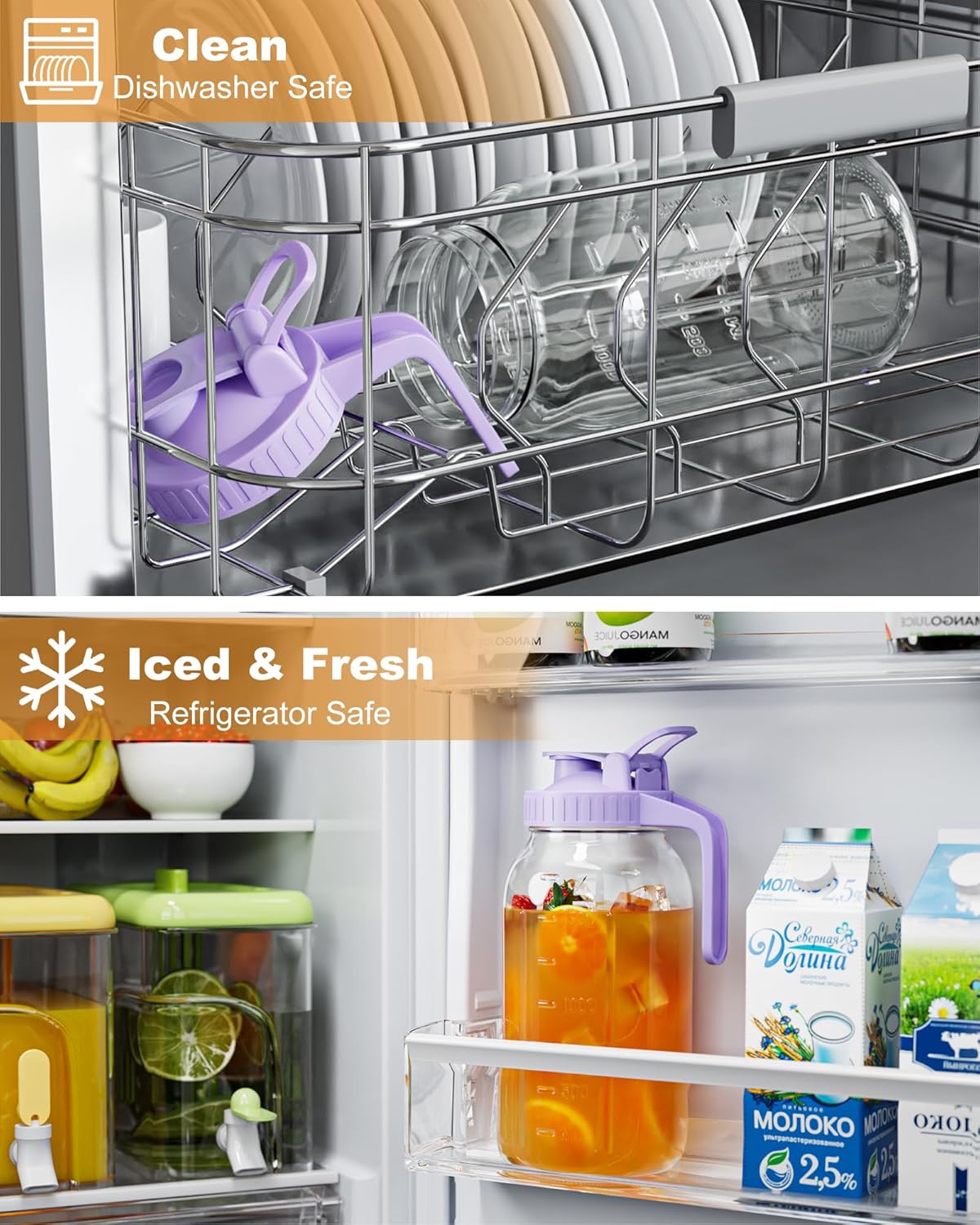 64oz Glass Mason Jar Pitcher with Lid Wide Mouth, 2 Quart Leakproof Glass Water Jug for Juice, Sun Iced Tea, Cold Brew Coffee, Milk Storage, Purple