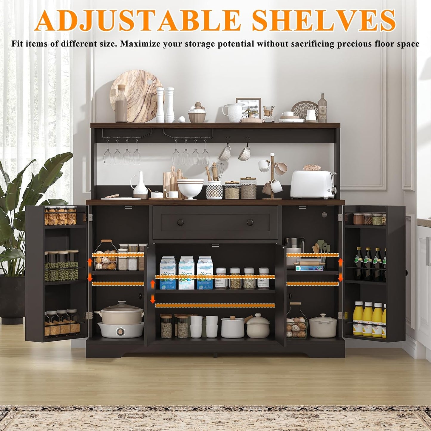 Hutch Storage Buffet Cabinet with Drawers, and Charging Station, Coffee Bar Cabinet with Barn Doors, Wine Rack and Hooks, White Wood Sideboard Buffet for Kitchen, Dining Room, 47.8" High