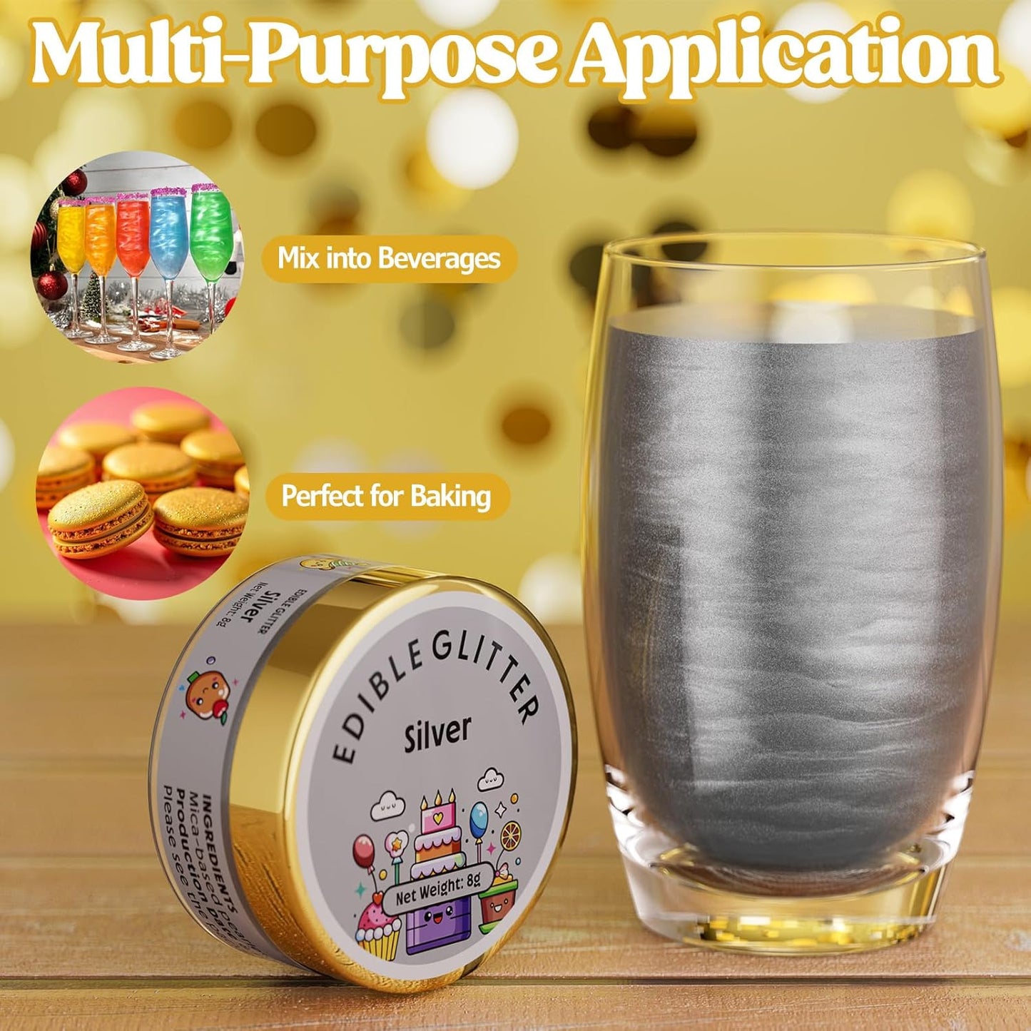 Nomeca Edible Glitter for Drinks Cakes, 8 grams Food Grade Luster Dust Sprinkles Glitter for Cake Decorations, DIY Cocktails, Beverages & Cake Decorating, Dessert Cake Topper (2-Silver)