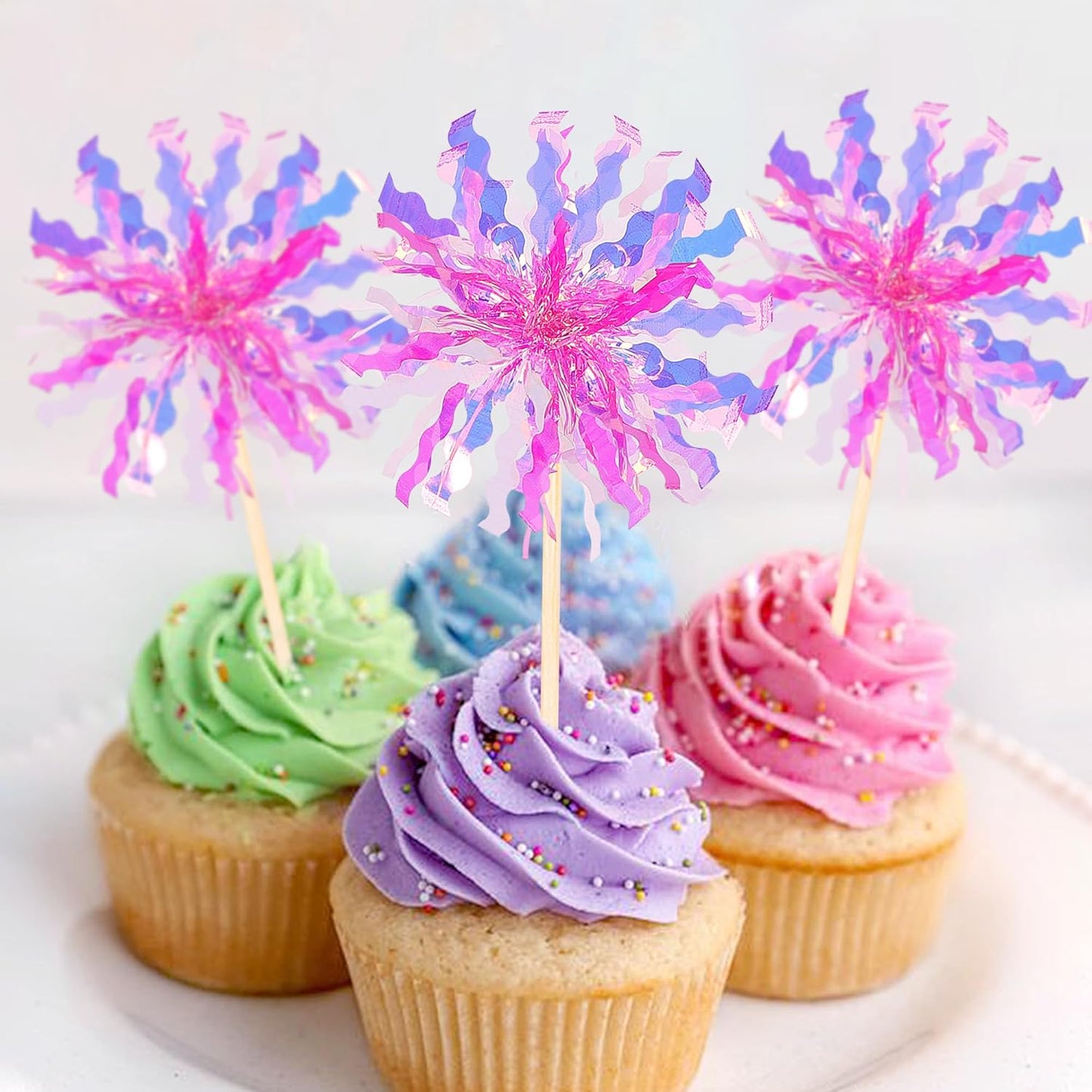 30 PCS Foil Firework Cupcake Toppers Sparkle Tinsel Cupcake Picks Happy Birthday Cake Decorations Drink Stirrers Cocktail Food Fruit Toothpicks for Baby Shower Graduation Party Supplies Rose Red