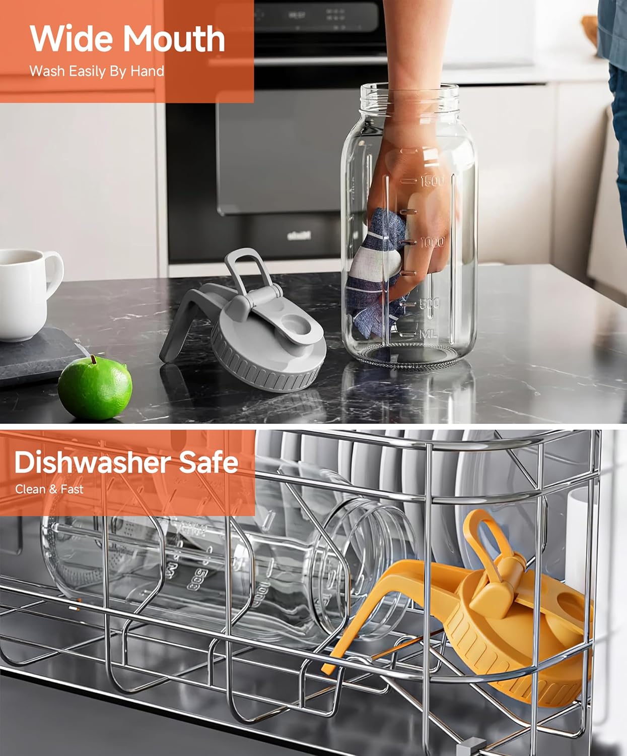 64oz Large Mason Jar Pitcher with Lid, 2 Quart Glass Tea Pitchers for Fridge, Leak-proof Coffee Dispenser,Heavy Duty Water Container for Sun Tea,Cold Brew Juice,Breastmilk Storage(Black+Gray+Pink）